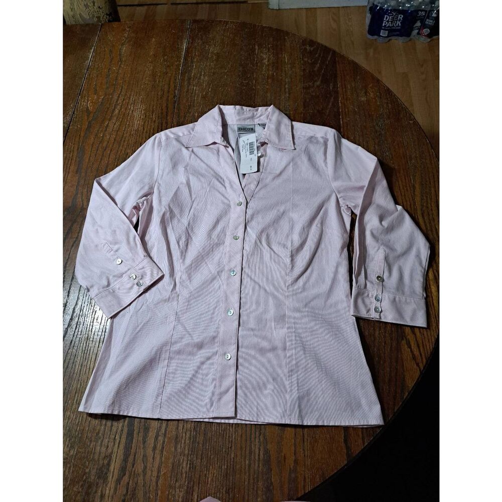 New Size 4 Chicos Size 0 Think Pink Pale Stripe Olissa 3/4 Sleeve Shirt Blouse